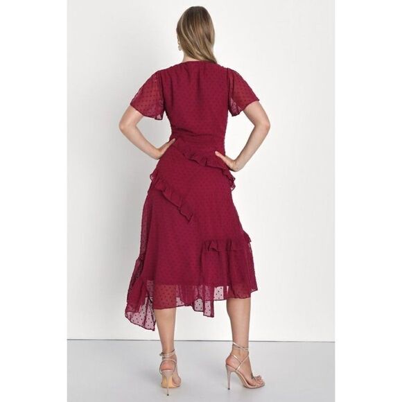 Lulus Next to You Plum Swiss Dot Ruffled Midi Dress - Picture 2 of 8